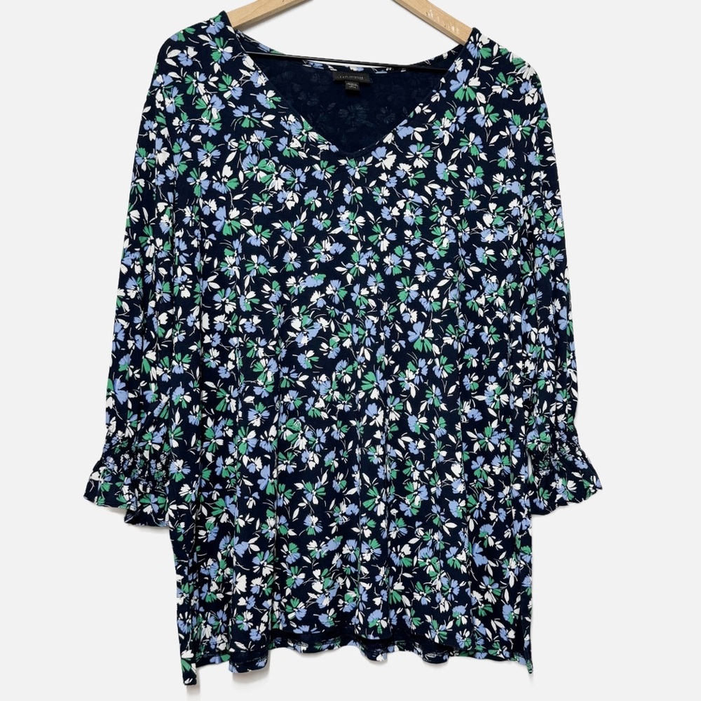 J. Jill wearever collection blue green floral 3/4 sleeve blouse XL petite travel